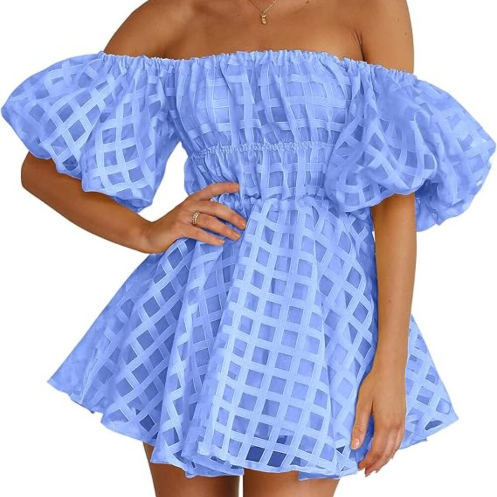 PRETTYGARDEN Women's Off The Shoulder Babydoll Dress Short Puff Sleeve Casual A